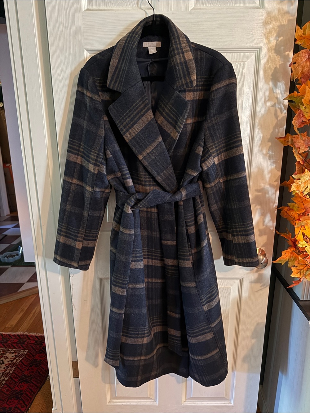 H&M Navy and Tan Plaid Wrap Belted Coat